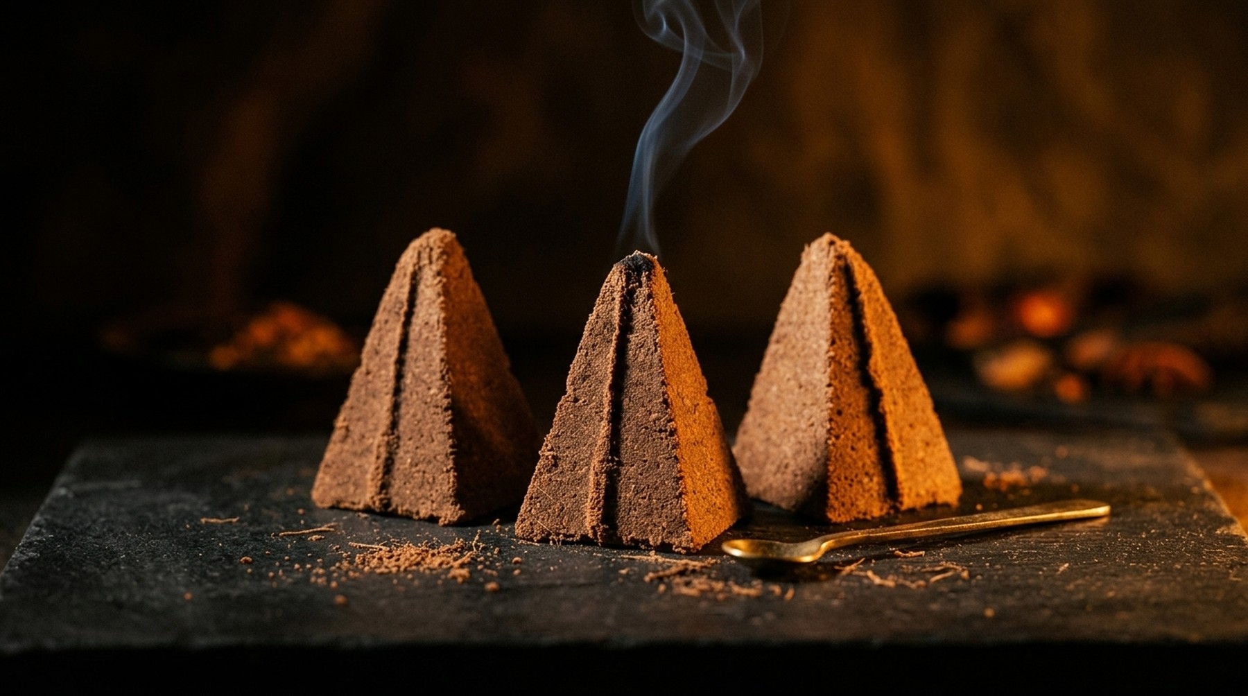 Hand-pressed incense pyramids on dark stone, one wisp of smoke rising